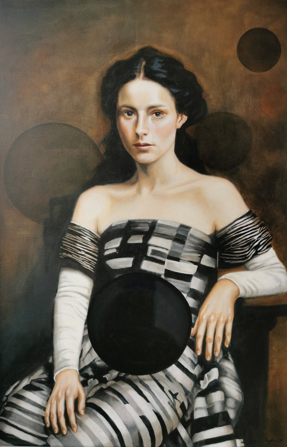 Portrait painting of a woman with dark hair wearing a black and white striped off-shoulder dress, seated against a brown background with abstract circular shapes