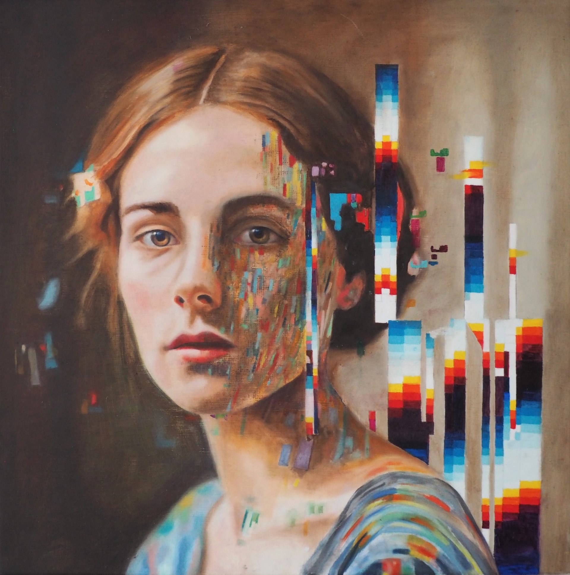 Portrait of a young woman with auburn hair, half her face dissolving into colorful pixelated digital blocks in a digital art style
