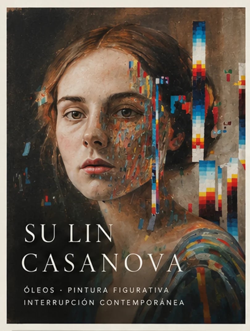 Exhibition poster for Su Lin Casanova featuring a portrait of a young womans face overlaid with colorful pixelated patterns