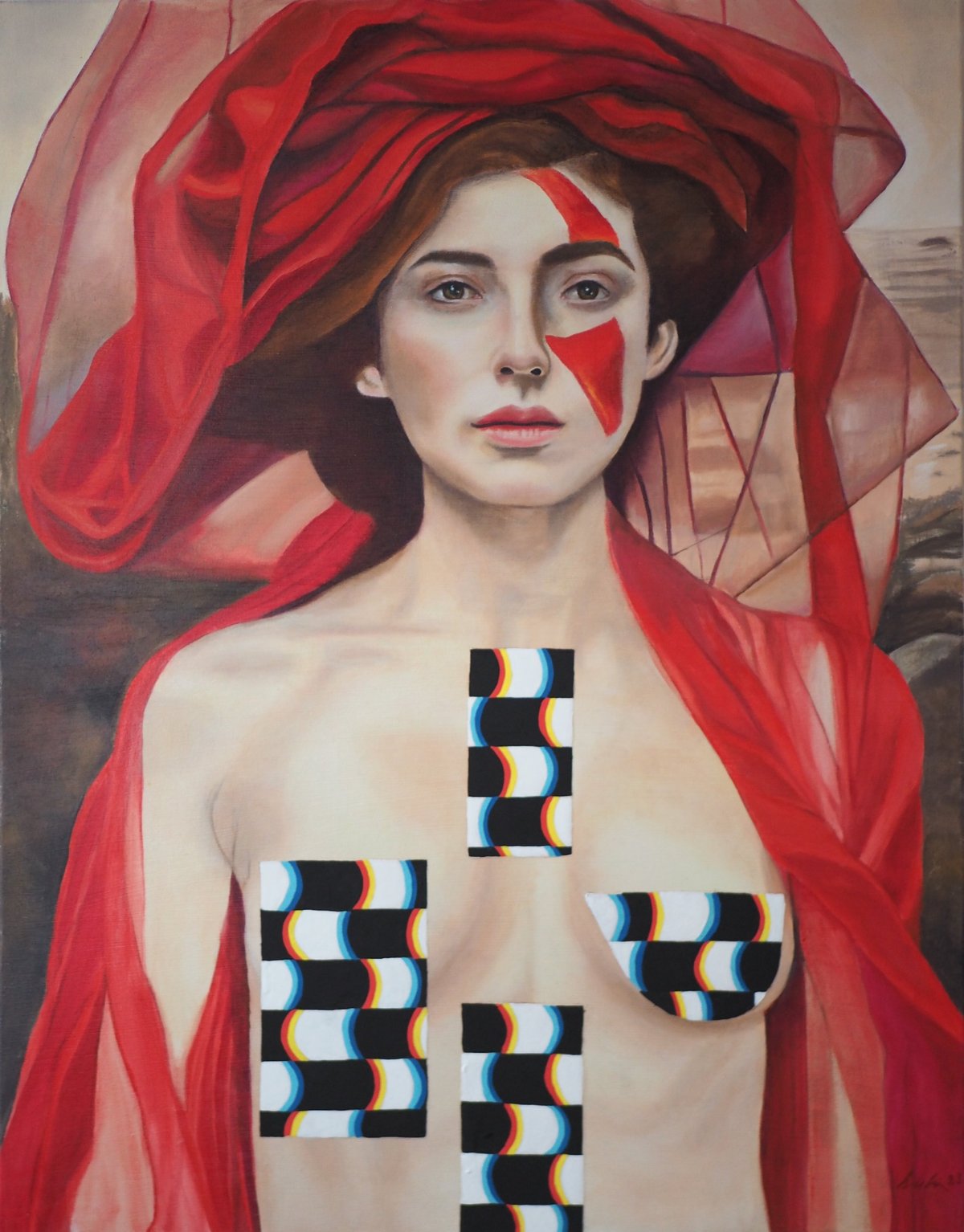Woman with red fabric and face paint featuring geometric striped patterns on her chest in contemporary portrait art